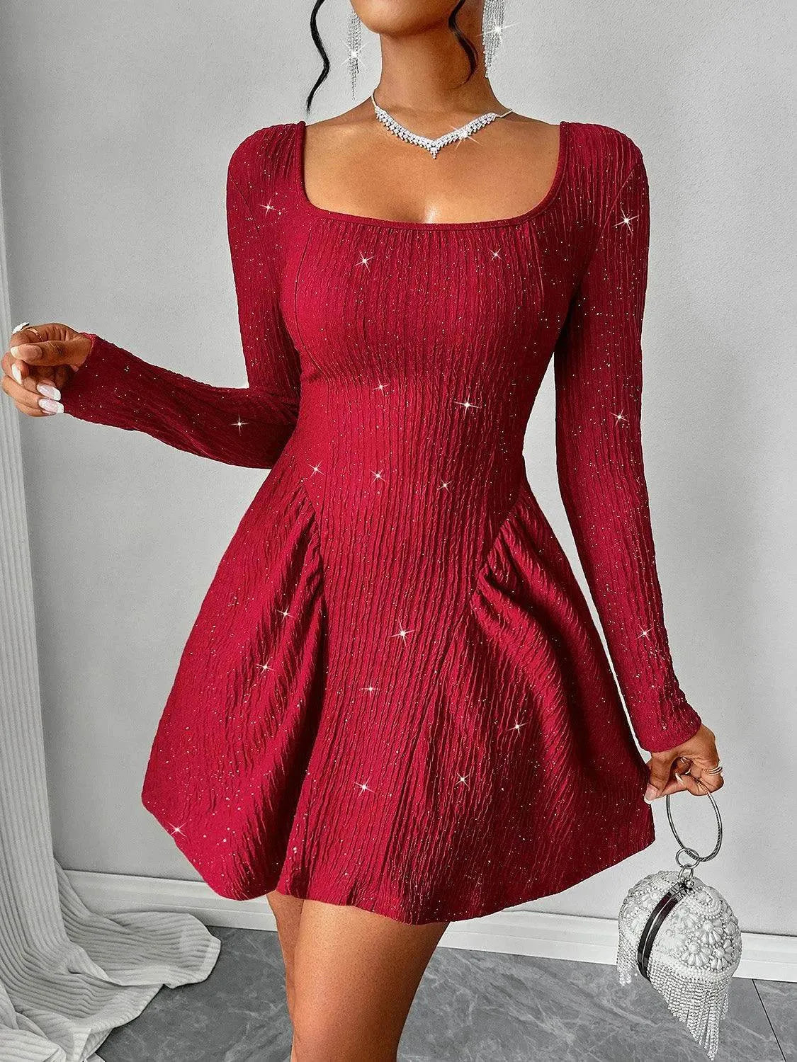 Backless Glitter Square Neck Long Sleeve Mini Dress - Bona Fide Fashion