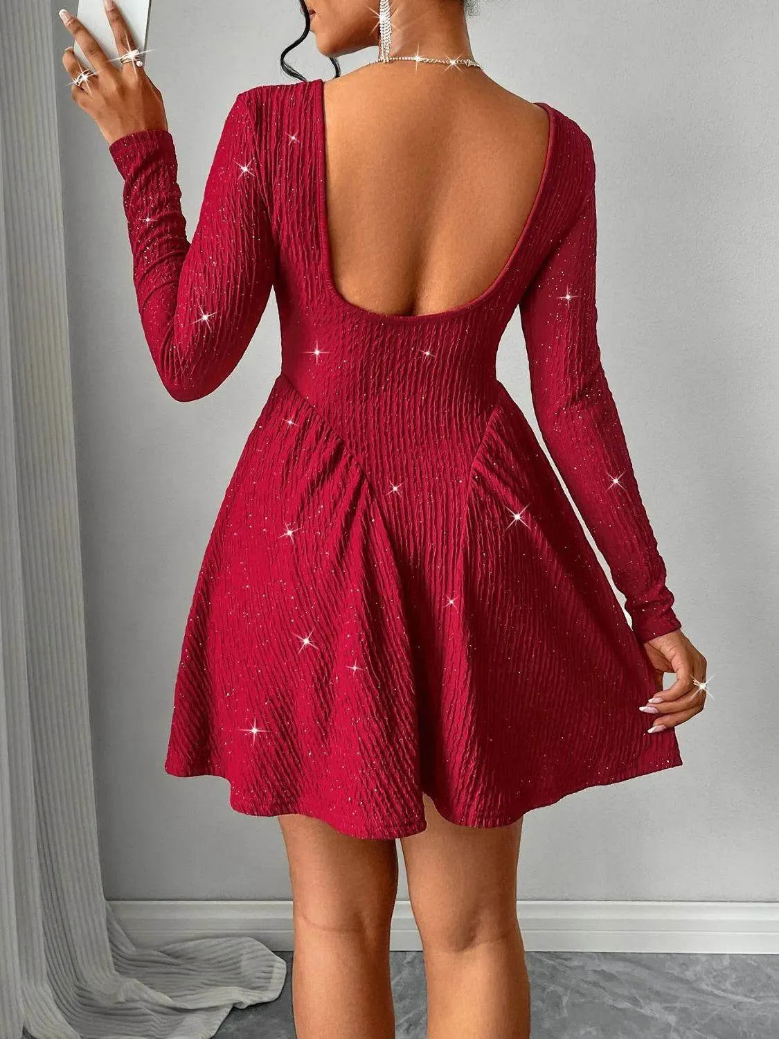 Backless Glitter Square Neck Long Sleeve Mini Dress - Bona Fide Fashion