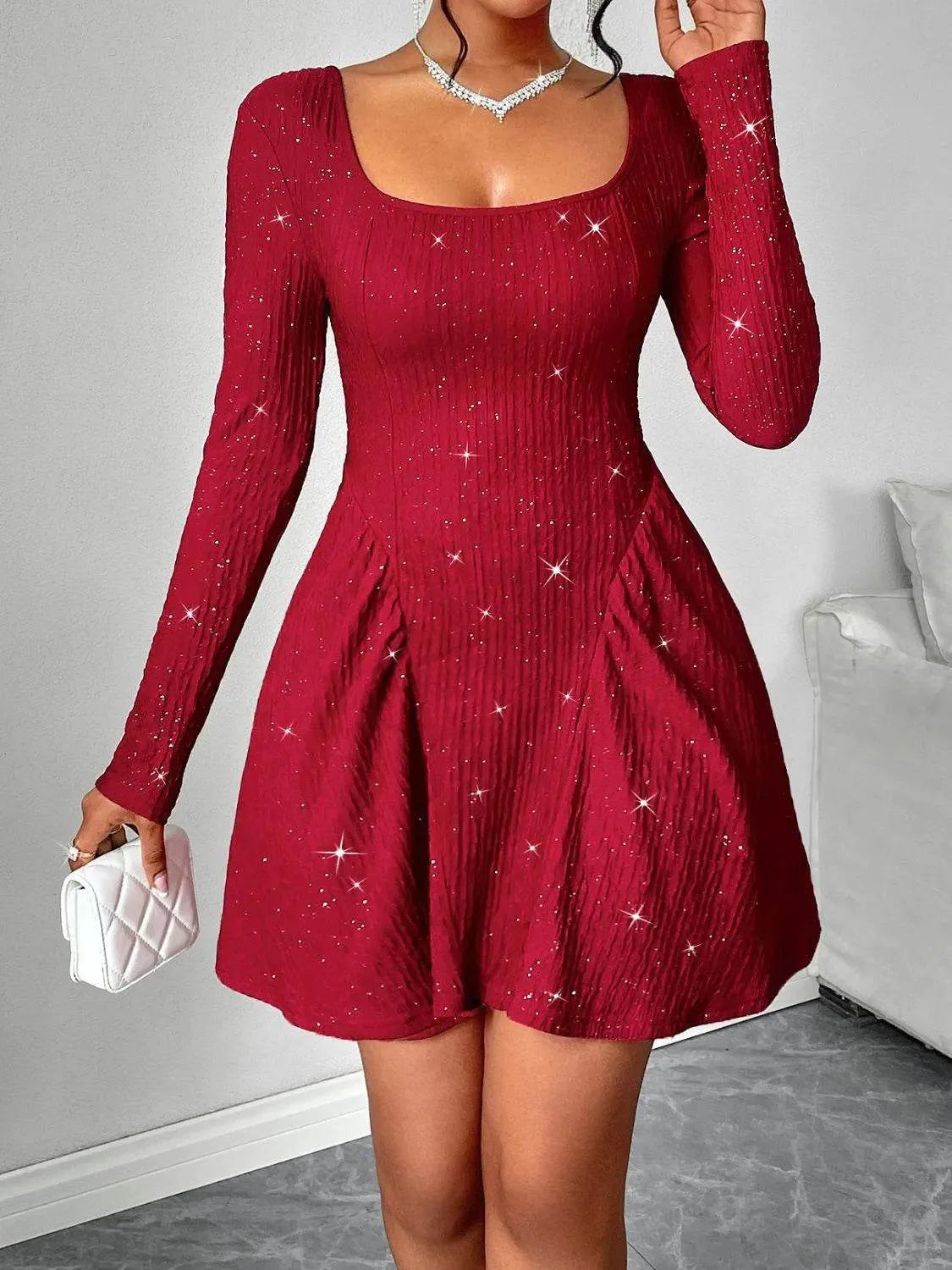Backless Glitter Square Neck Long Sleeve Mini Dress - Bona Fide Fashion