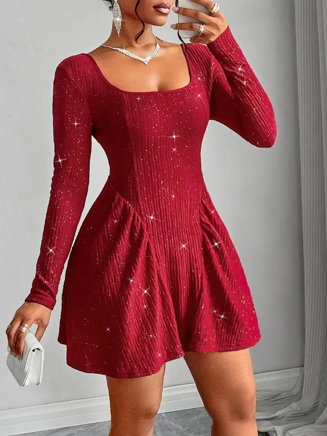 Backless Glitter Square Neck Long Sleeve Mini Dress - Bona Fide Fashion