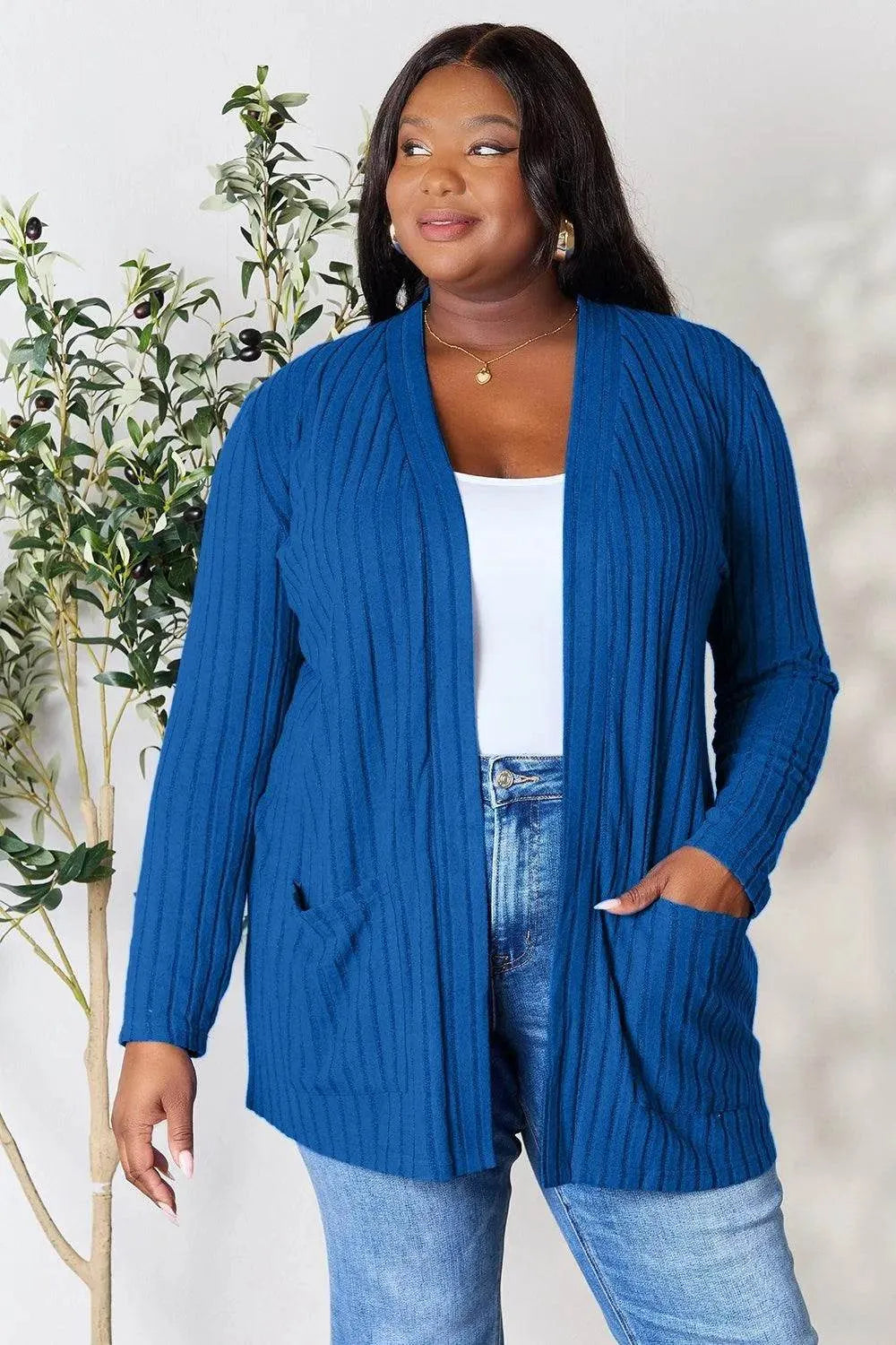 Basic Bae Ribbed Open Front Cardigan – Full Size Cozy Layer with Pockets - Bona Fide Fashion