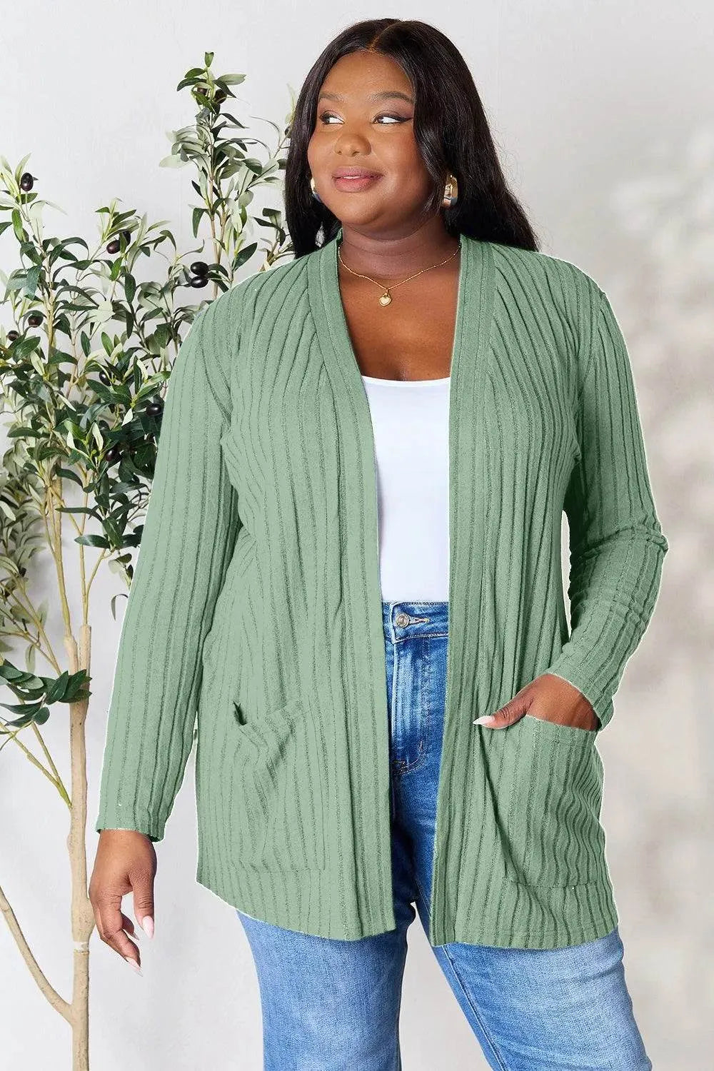 Basic Bae Ribbed Open Front Cardigan – Full Size Cozy Layer with Pockets - Bona Fide Fashion
