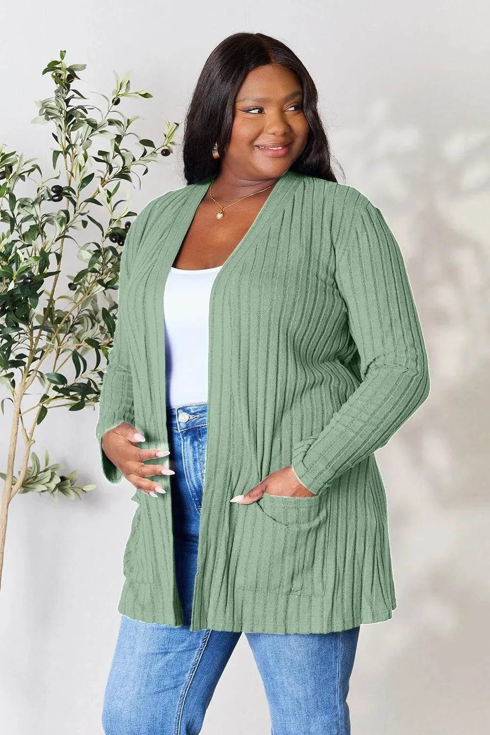 Basic Bae Ribbed Open Front Cardigan – Full Size Cozy Layer with Pockets - Bona Fide Fashion