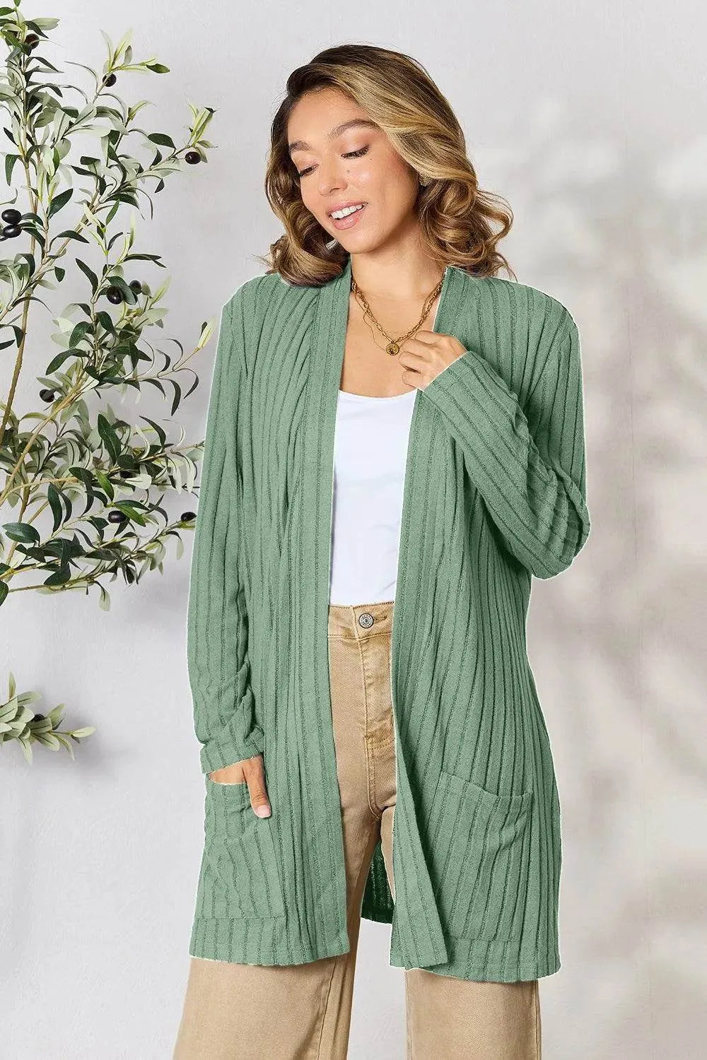 Basic Bae Ribbed Open Front Cardigan – Full Size Cozy Layer with Pockets - Bona Fide Fashion