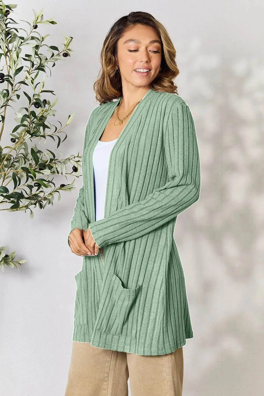 Basic Bae Ribbed Open Front Cardigan – Full Size Cozy Layer with Pockets - Bona Fide Fashion