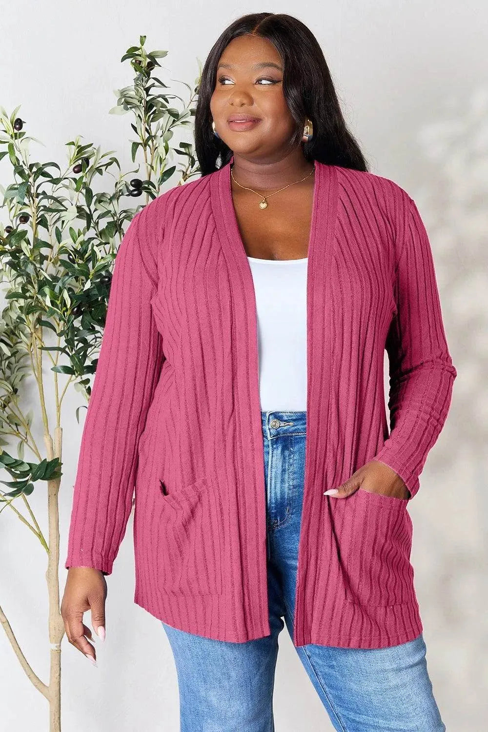 Basic Bae Ribbed Open Front Cardigan – Full Size Cozy Layer with Pockets - Bona Fide Fashion