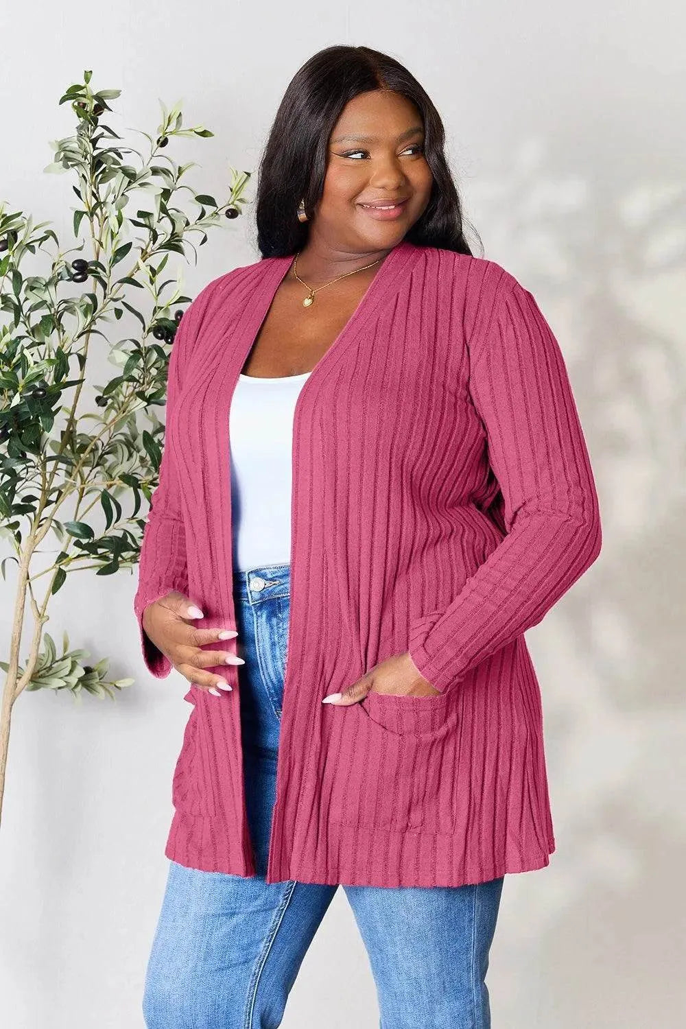 Basic Bae Ribbed Open Front Cardigan – Full Size Cozy Layer with Pockets - Bona Fide Fashion
