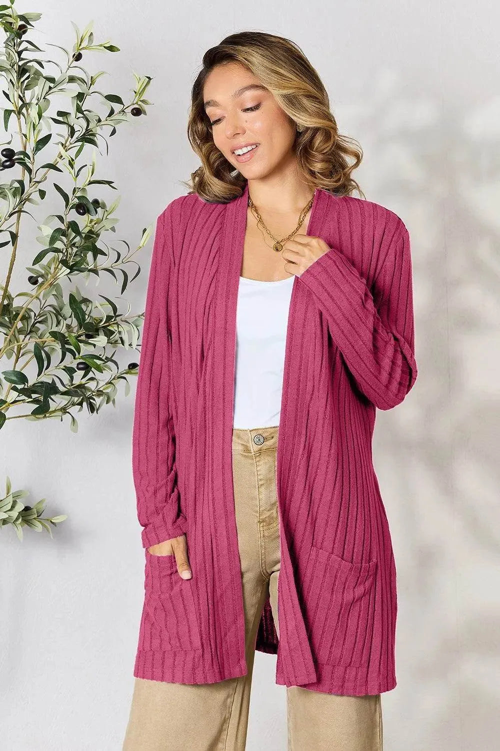 Basic Bae Ribbed Open Front Cardigan – Full Size Cozy Layer with Pockets - Bona Fide Fashion