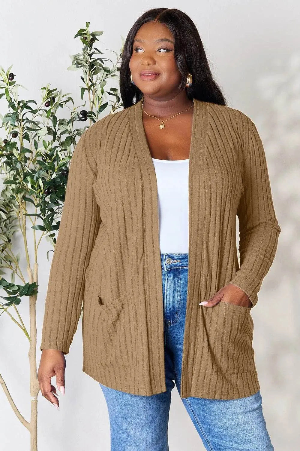 Basic Bae Ribbed Open Front Cardigan – Full Size Cozy Layer with Pockets - Bona Fide Fashion