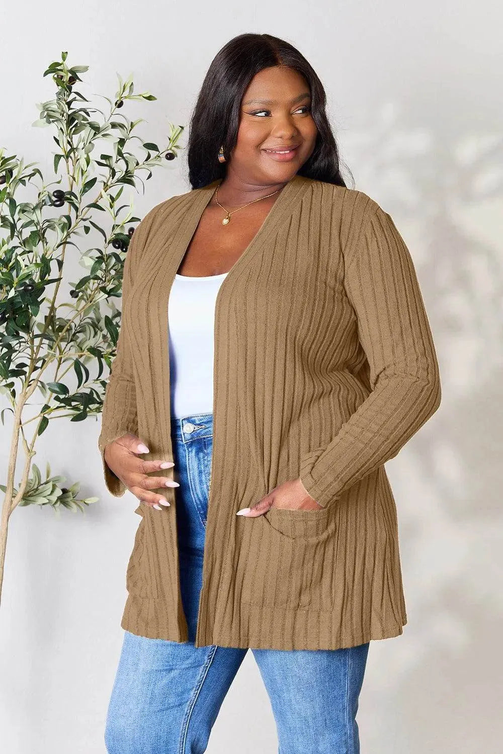 Basic Bae Ribbed Open Front Cardigan – Full Size Cozy Layer with Pockets - Bona Fide Fashion