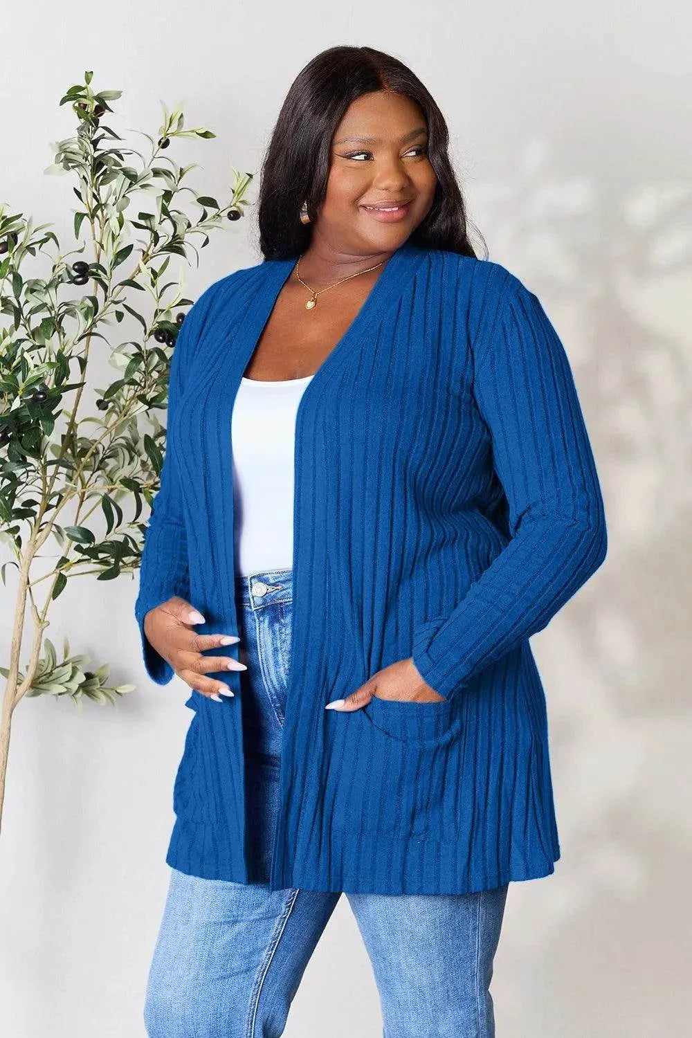 Basic Bae Ribbed Open Front Cardigan – Full Size Cozy Layer with Pockets - Bona Fide Fashion