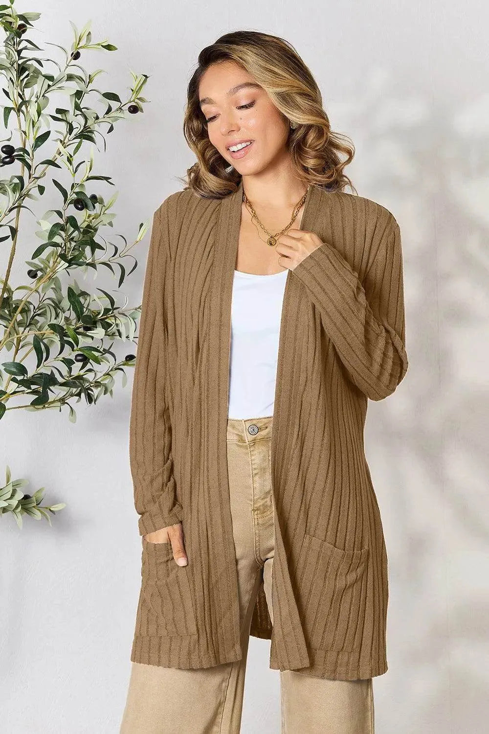 Basic Bae Ribbed Open Front Cardigan – Full Size Cozy Layer with Pockets - Bona Fide Fashion
