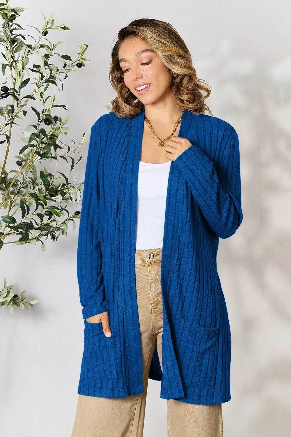 Basic Bae Ribbed Open Front Cardigan – Full Size Cozy Layer with Pockets - Bona Fide Fashion