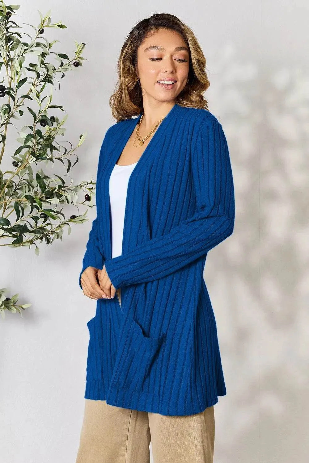 Basic Bae Ribbed Open Front Cardigan – Full Size Cozy Layer with Pockets - Bona Fide Fashion