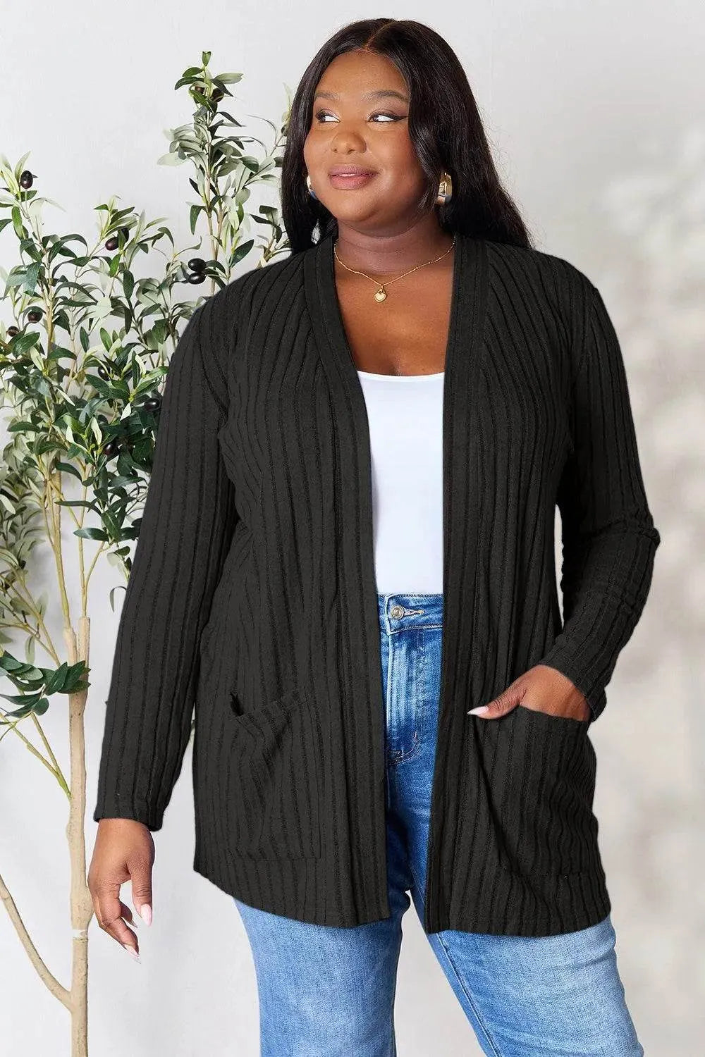 Basic Bae Ribbed Open Front Cardigan – Full Size Cozy Layer with Pockets - Bona Fide Fashion