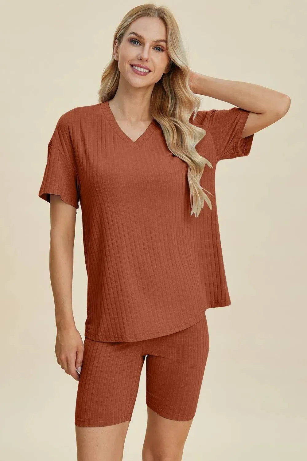 Basic Bae Full Size Ribbed V-Neck Set – Short Sleeve Top & Shorts Lounge Outfit - Bona Fide Fashion
