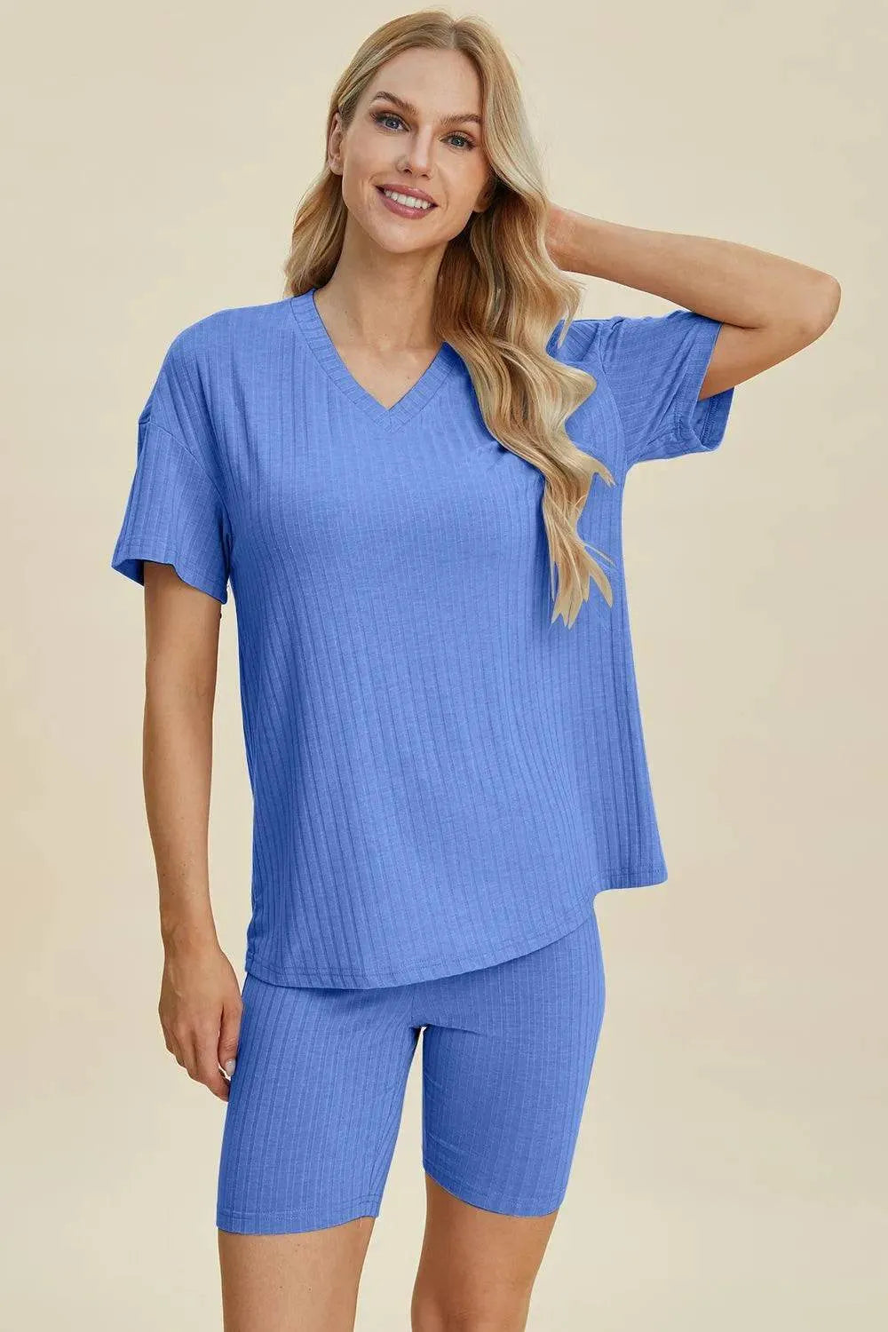 Basic Bae Full Size Ribbed V-Neck Set – Short Sleeve Top & Shorts Lounge Outfit - Bona Fide Fashion