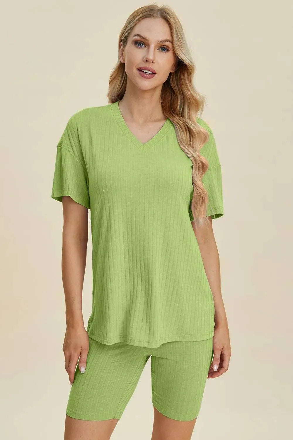 Basic Bae Full Size Ribbed V-Neck Set – Short Sleeve Top & Shorts Lounge Outfit - Bona Fide Fashion