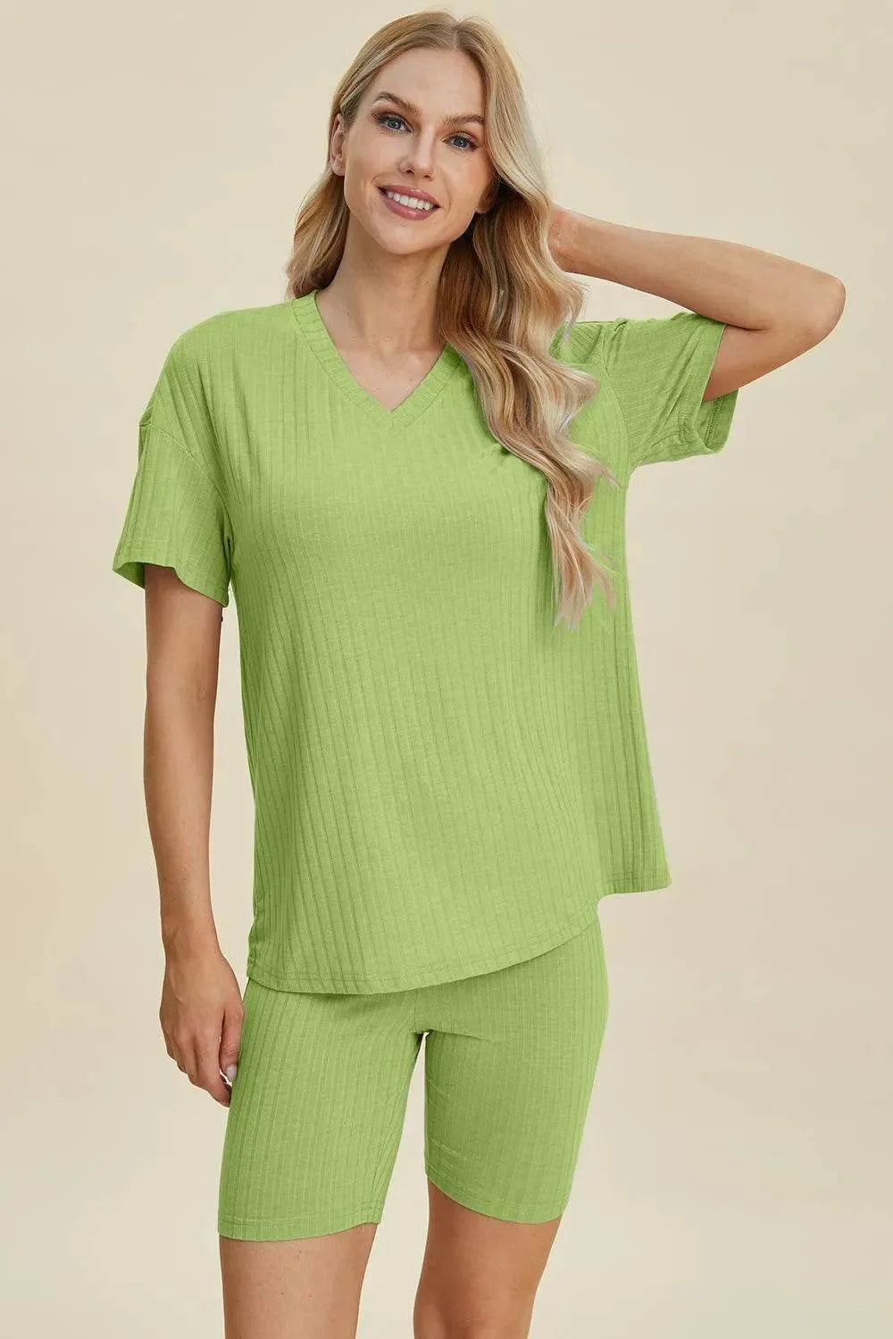 Basic Bae Full Size Ribbed V-Neck Set – Short Sleeve Top & Shorts Lounge Outfit - Bona Fide Fashion