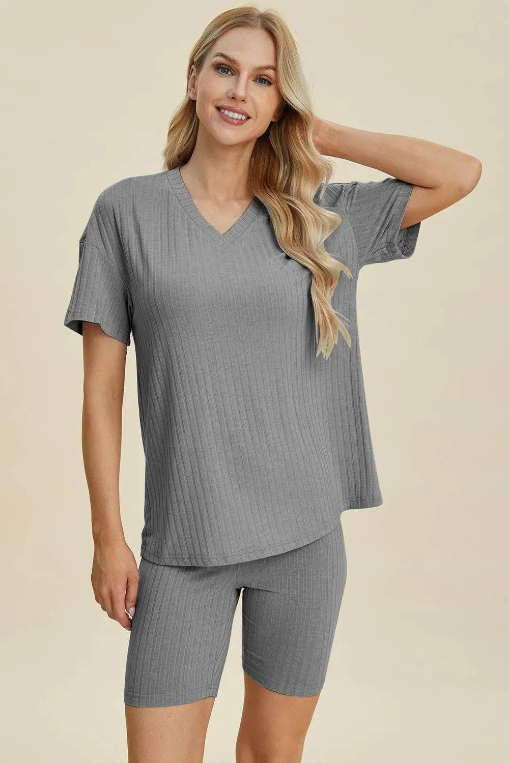 Basic Bae Full Size Ribbed V-Neck Set – Short Sleeve Top & Shorts Lounge Outfit - Bona Fide Fashion