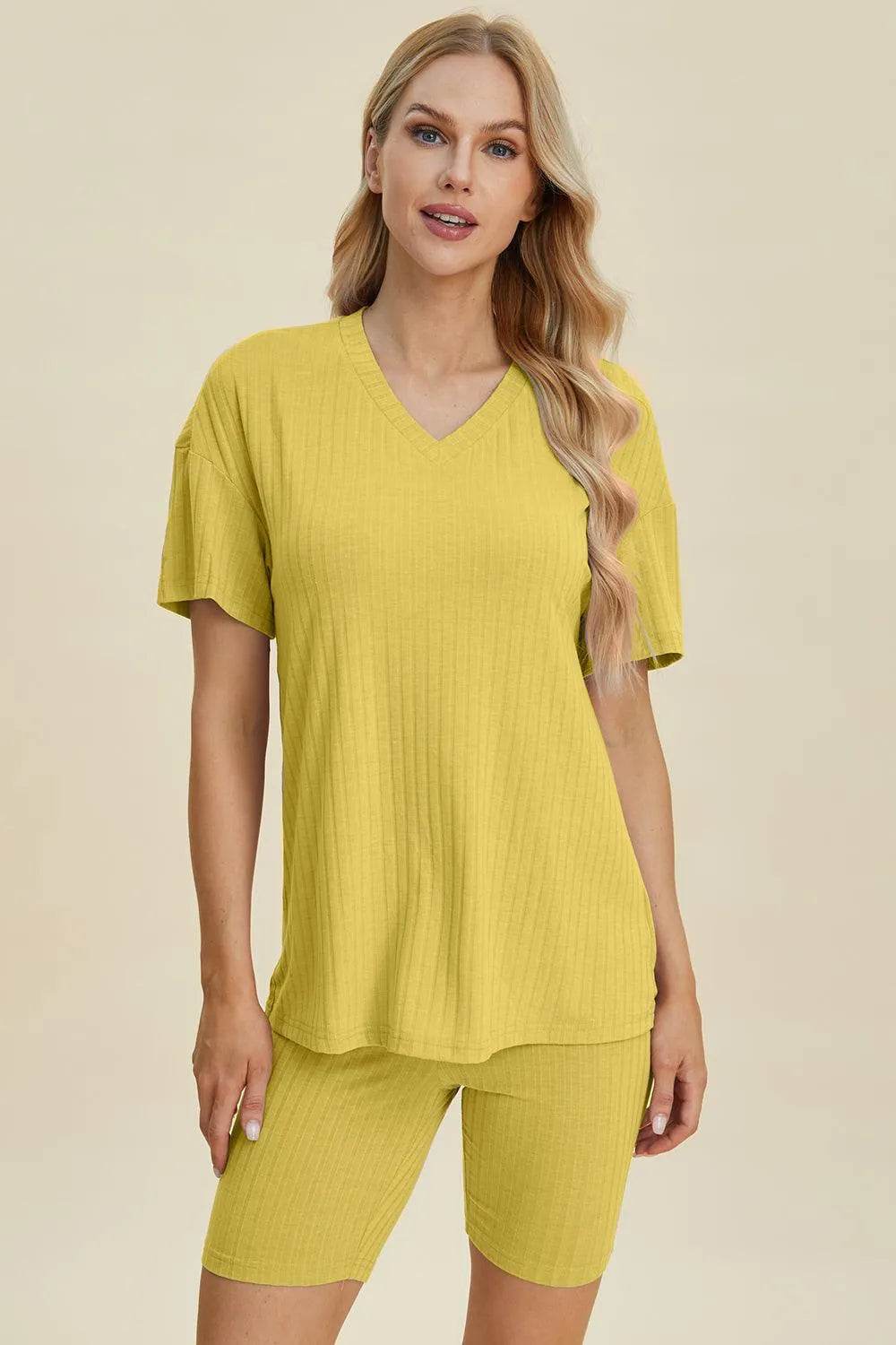 Basic Bae Full Size Ribbed V-Neck Set – Short Sleeve Top & Shorts Lounge Outfit - Bona Fide Fashion