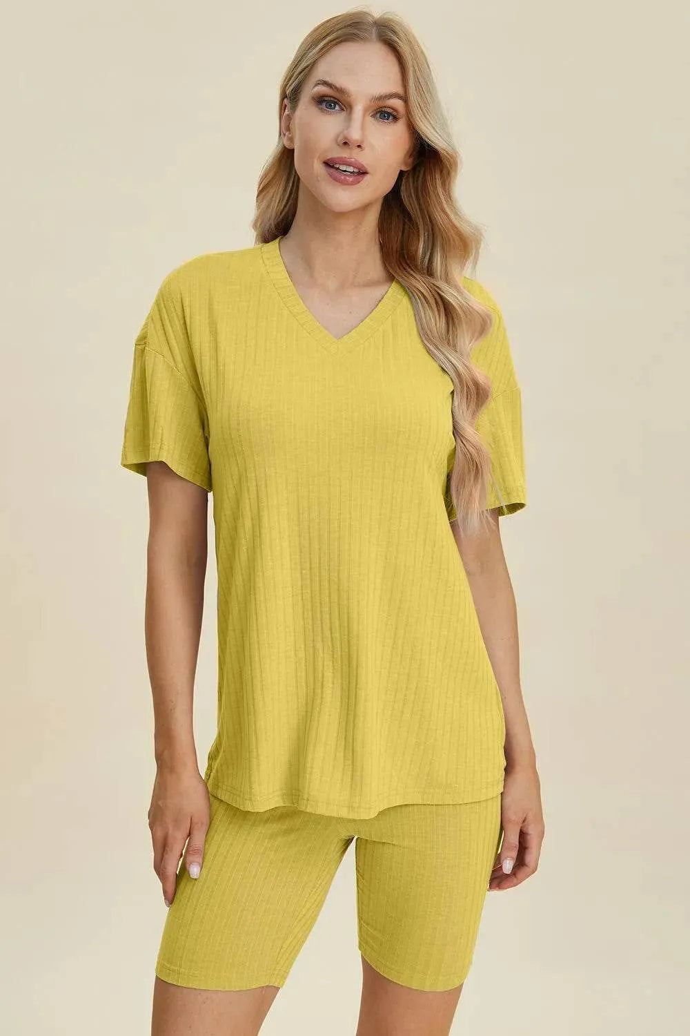 Basic Bae Full Size Ribbed V-Neck Set – Short Sleeve Top & Shorts Lounge Outfit - Bona Fide Fashion
