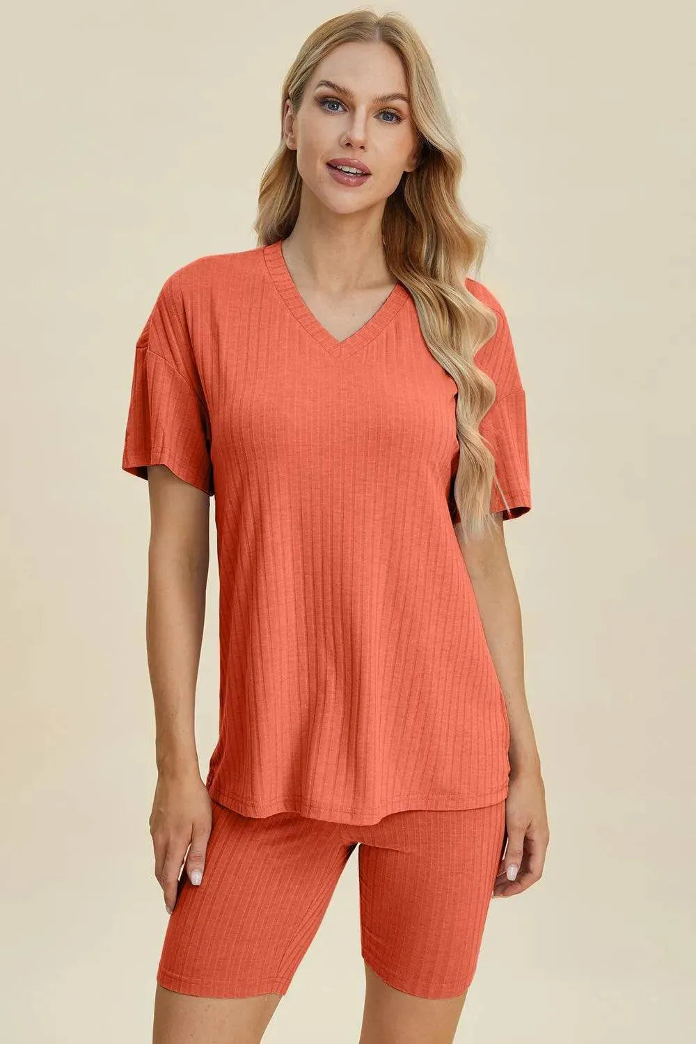 Basic Bae Full Size Ribbed V-Neck Set – Short Sleeve Top & Shorts Lounge Outfit - Bona Fide Fashion