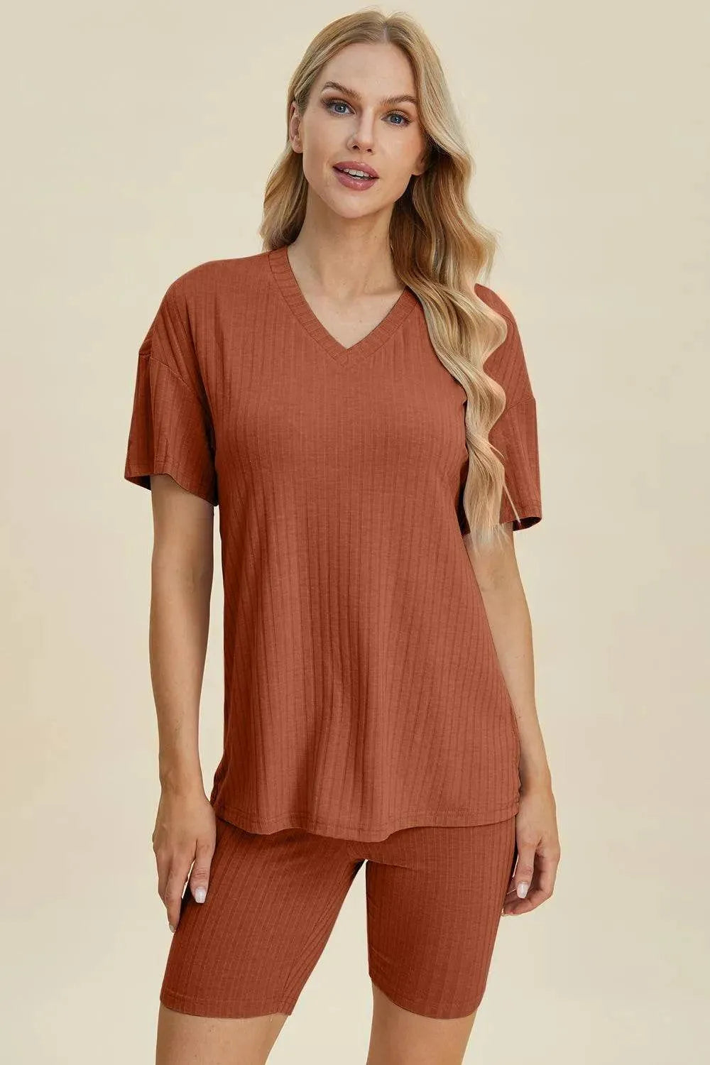 Basic Bae Full Size Ribbed V-Neck Set – Short Sleeve Top & Shorts Lounge Outfit - Bona Fide Fashion