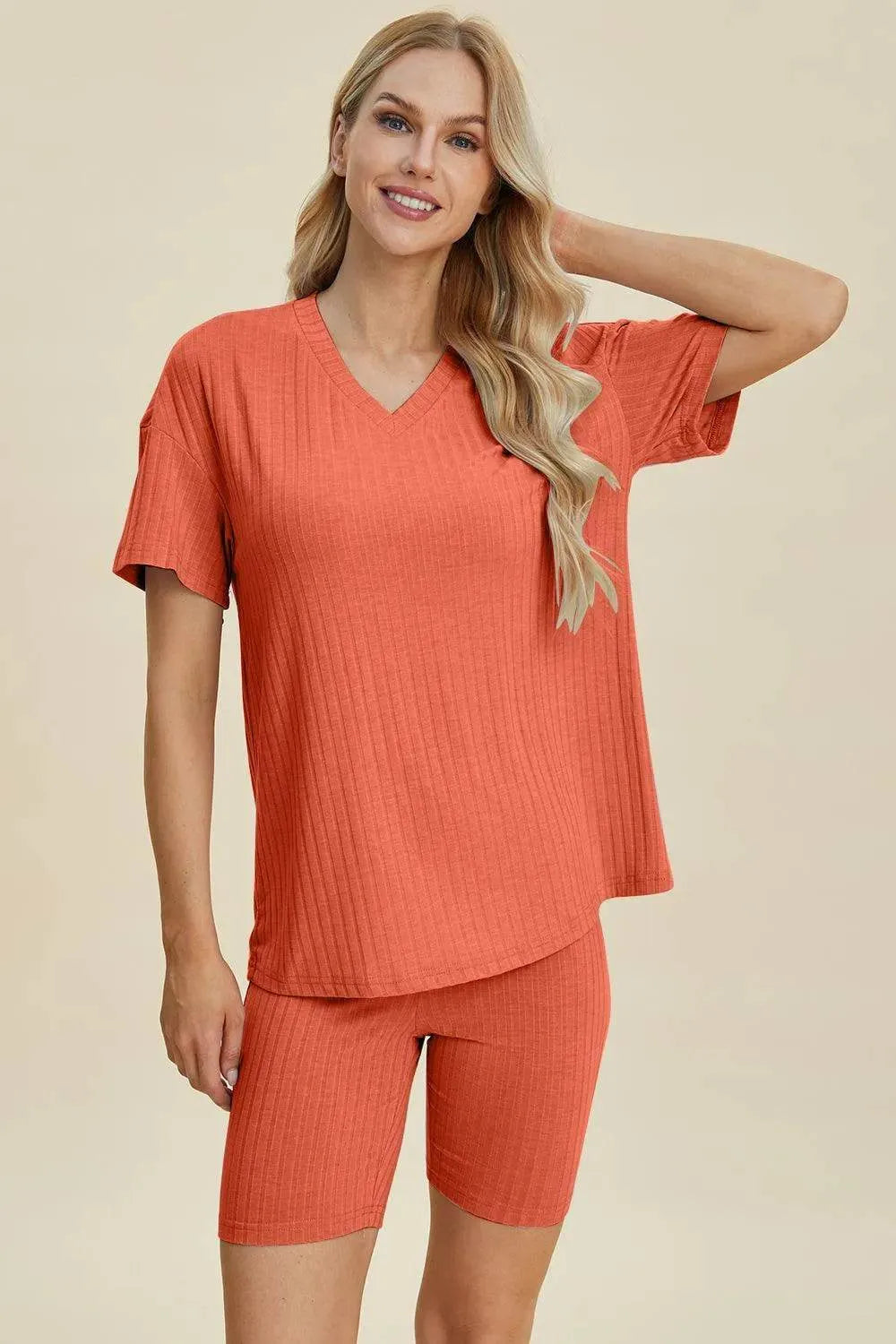 Basic Bae Full Size Ribbed V-Neck Set – Short Sleeve Top & Shorts Lounge Outfit - Bona Fide Fashion