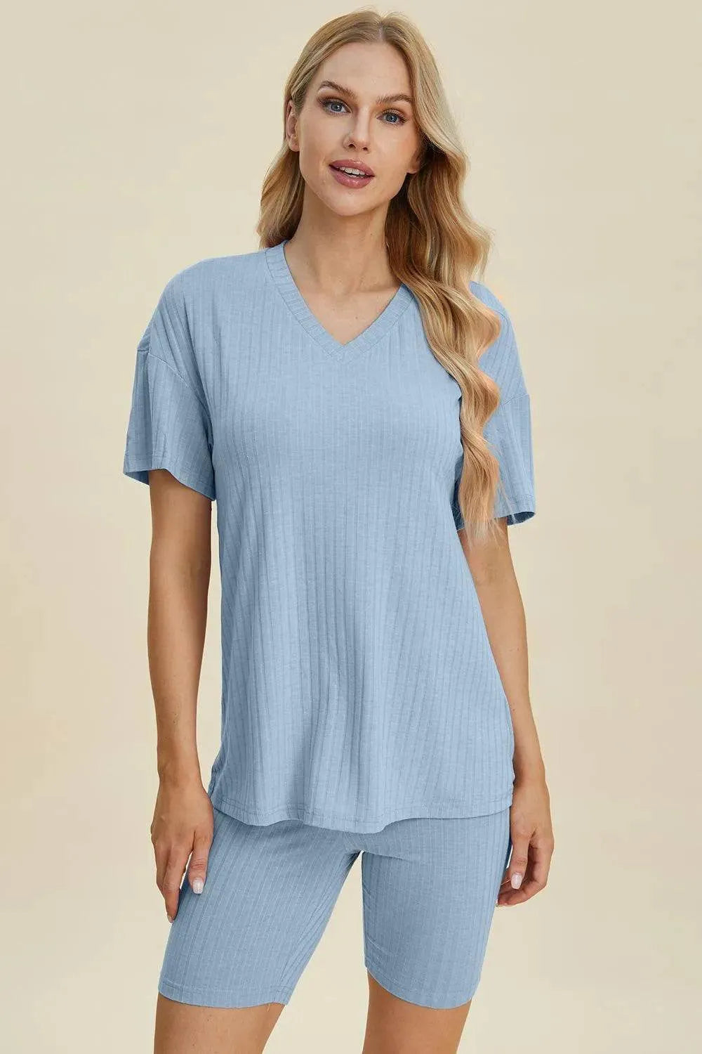 Basic Bae Full Size Ribbed V-Neck Set – Short Sleeve Top & Shorts Lounge Outfit - Bona Fide Fashion