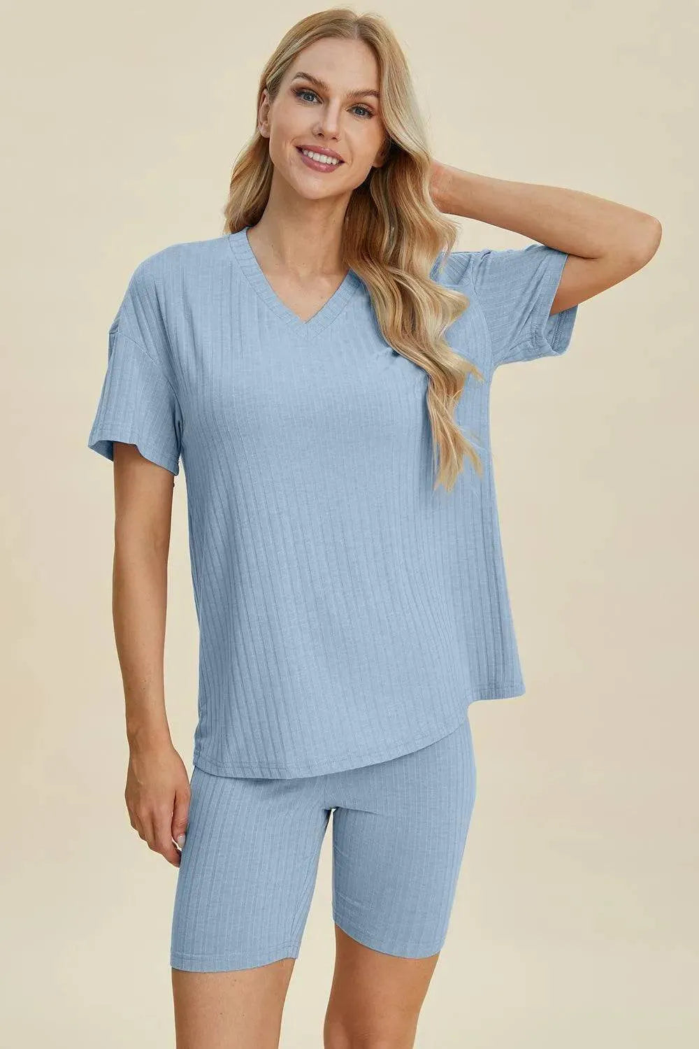 Basic Bae Full Size Ribbed V-Neck Set – Short Sleeve Top & Shorts Lounge Outfit - Bona Fide Fashion