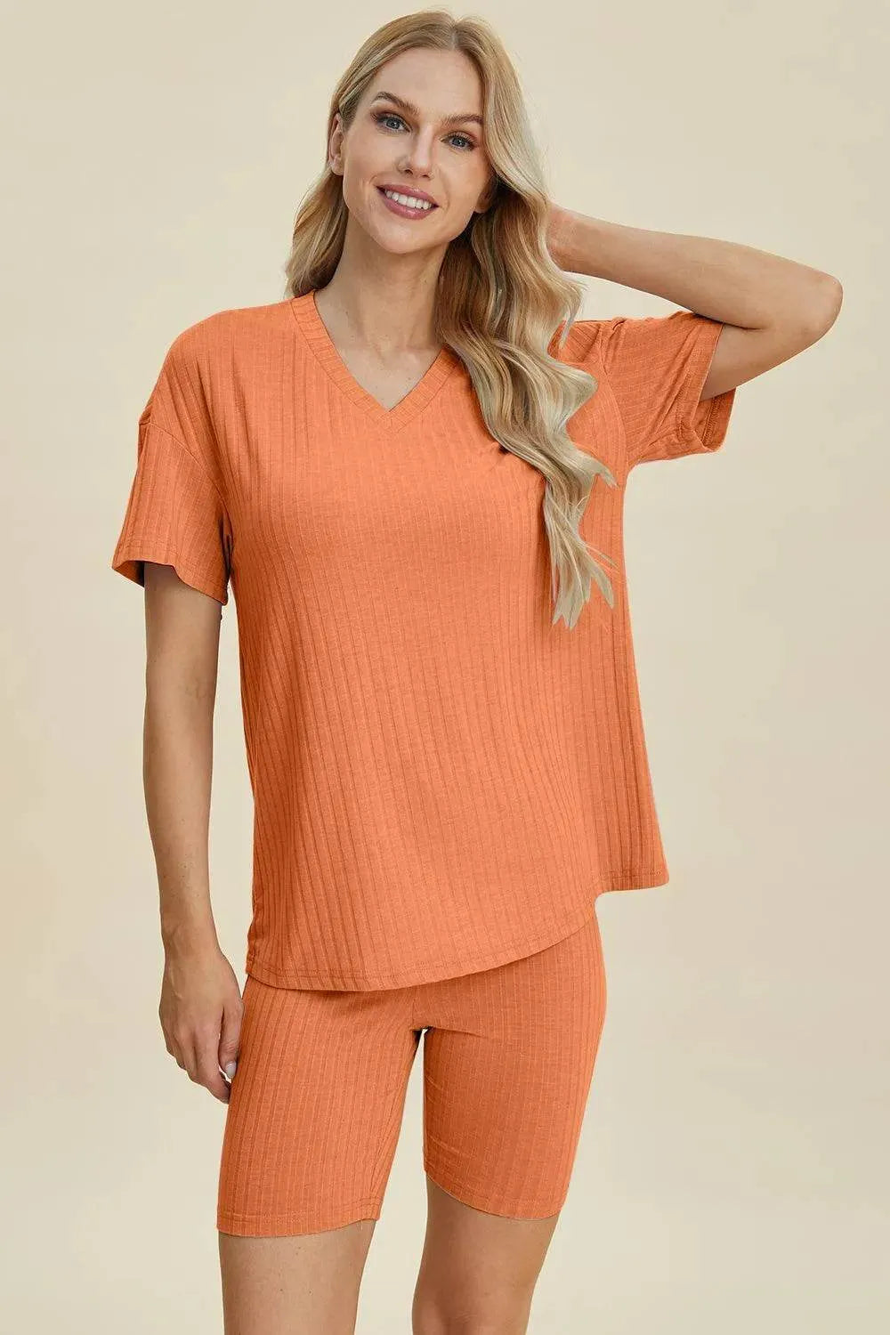Basic Bae Full Size Ribbed V-Neck Set – Short Sleeve Top & Shorts Lounge Outfit - Bona Fide Fashion