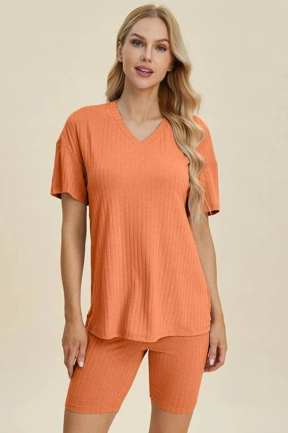Basic Bae Full Size Ribbed V-Neck Set – Short Sleeve Top & Shorts Lounge Outfit - Bona Fide Fashion