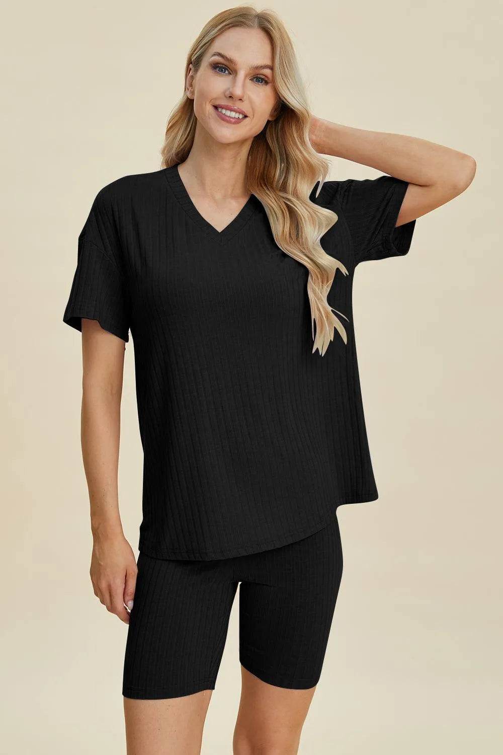 Basic Bae Full Size Ribbed V-Neck Set – Short Sleeve Top & Shorts Lounge Outfit - Bona Fide Fashion
