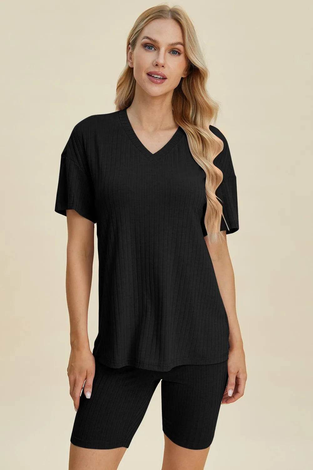Basic Bae Full Size Ribbed V-Neck Set – Short Sleeve Top & Shorts Lounge Outfit - Bona Fide Fashion