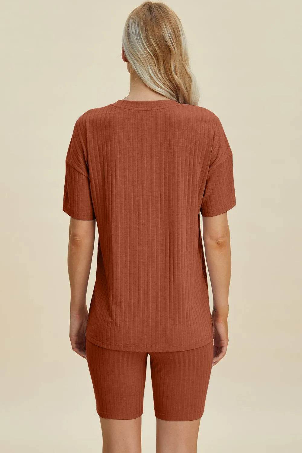 Basic Bae Full Size Ribbed V-Neck Set – Short Sleeve Top & Shorts Lounge Outfit - Bona Fide Fashion