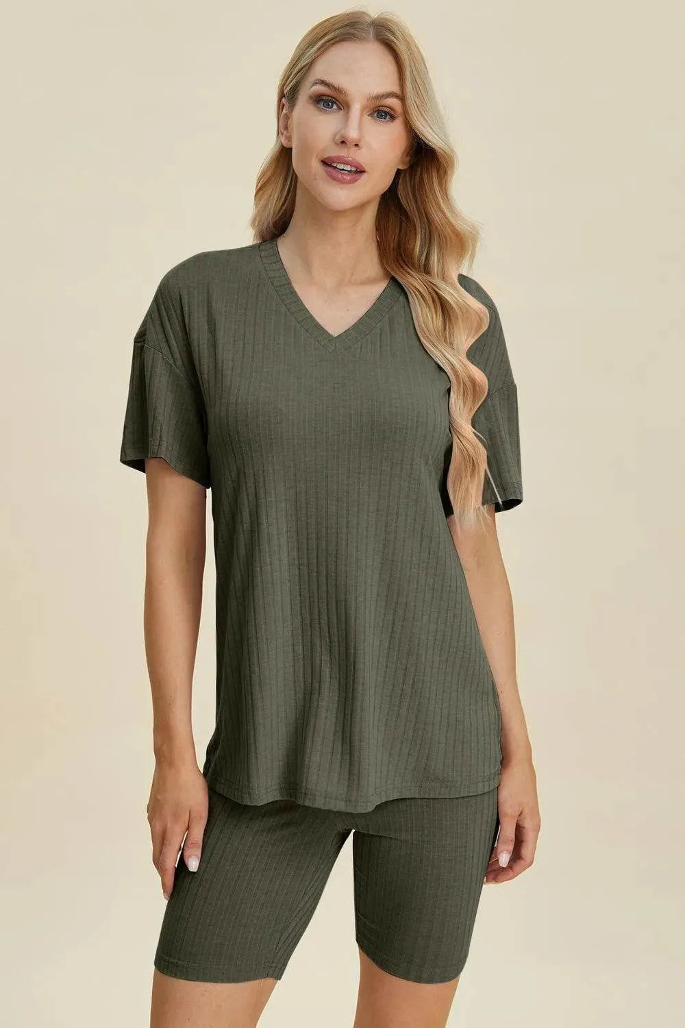 Basic Bae Full Size Ribbed V-Neck Set – Short Sleeve Top & Shorts Lounge Outfit - Bona Fide Fashion