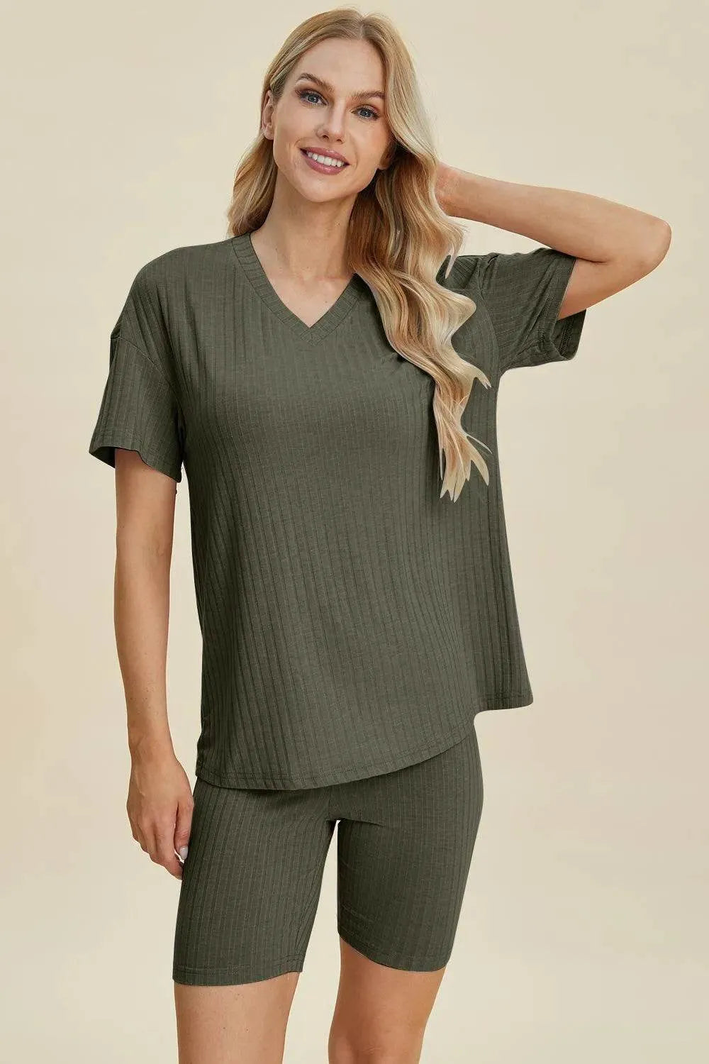 Basic Bae Full Size Ribbed V-Neck Set – Short Sleeve Top & Shorts Lounge Outfit - Bona Fide Fashion