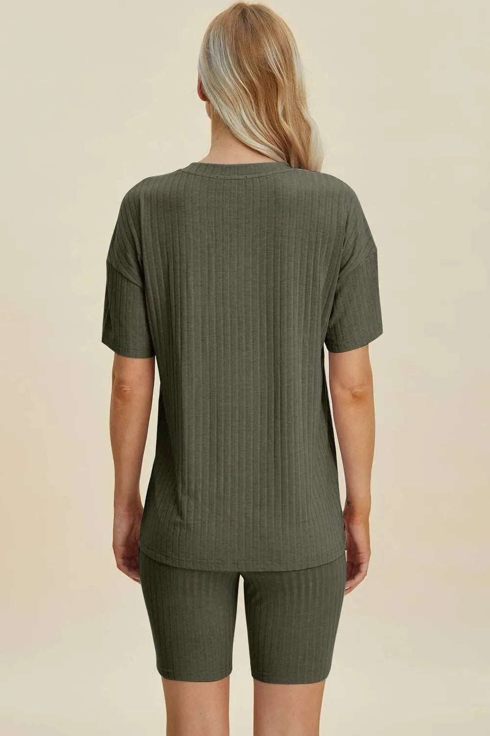 Basic Bae Full Size Ribbed V-Neck Set – Short Sleeve Top & Shorts Lounge Outfit - Bona Fide Fashion