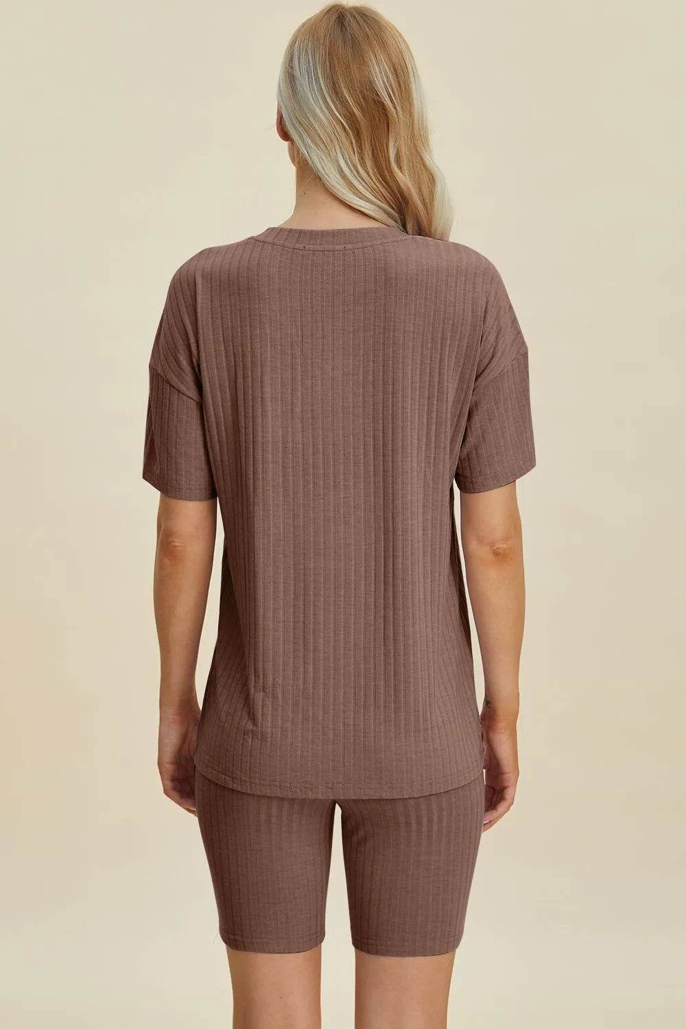 Basic Bae Full Size Ribbed V-Neck Set – Short Sleeve Top & Shorts Lounge Outfit - Bona Fide Fashion