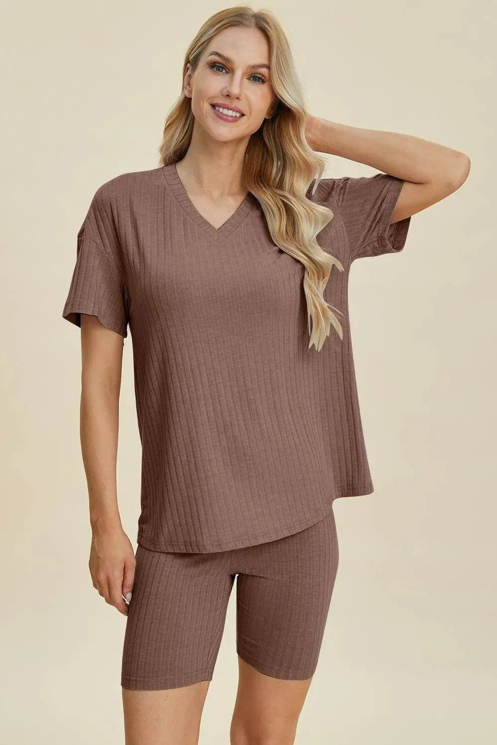 Basic Bae Full Size Ribbed V-Neck Set – Short Sleeve Top & Shorts Lounge Outfit - Bona Fide Fashion