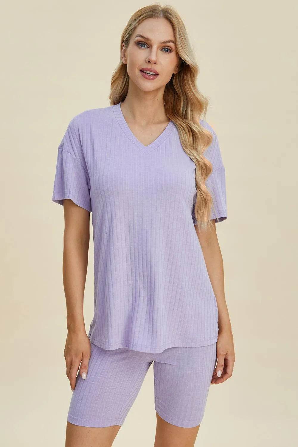 Basic Bae Full Size Ribbed V-Neck Set – Short Sleeve Top & Shorts Lounge Outfit - Bona Fide Fashion