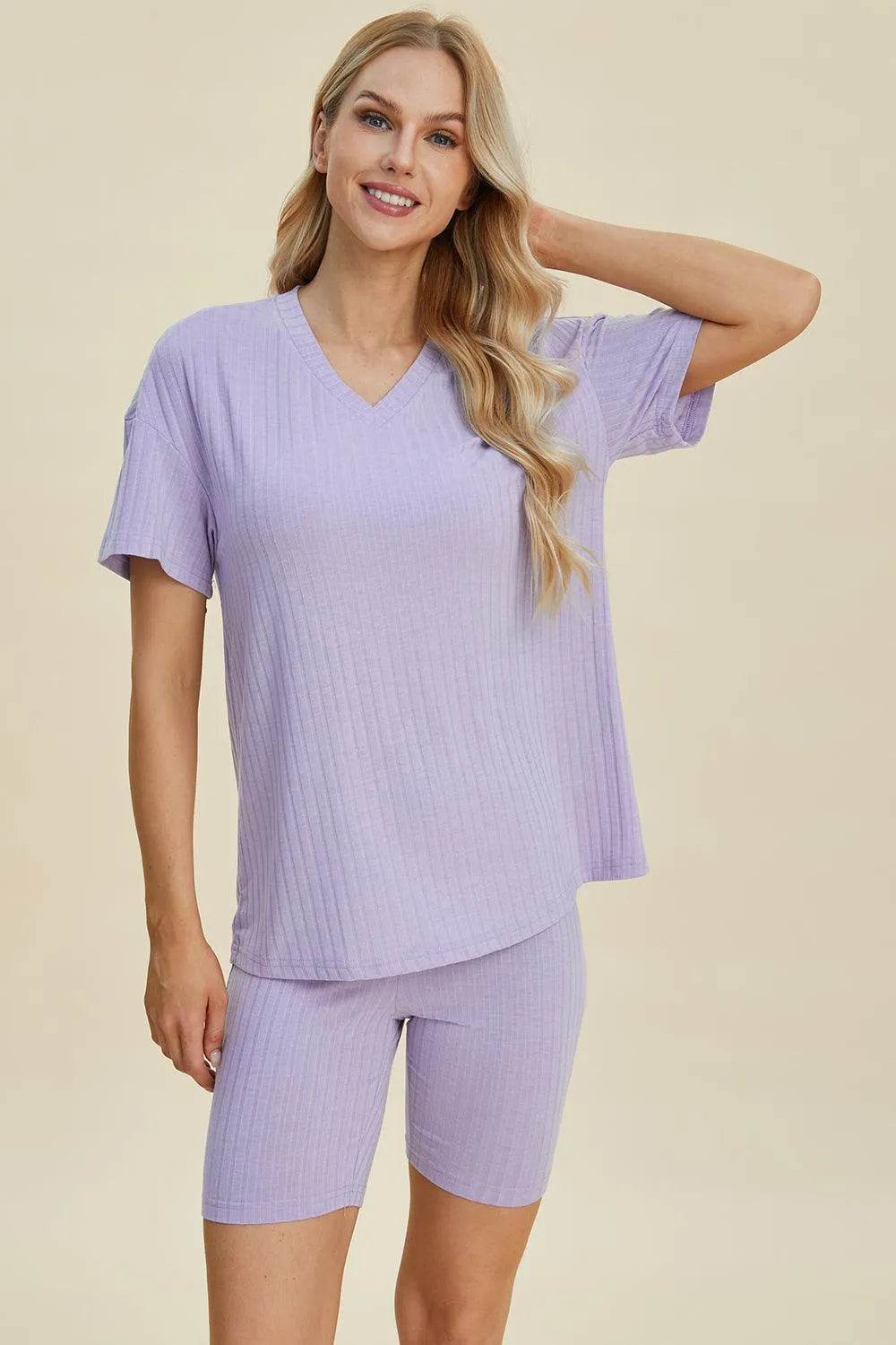 Basic Bae Full Size Ribbed V-Neck Set – Short Sleeve Top & Shorts Lounge Outfit - Bona Fide Fashion