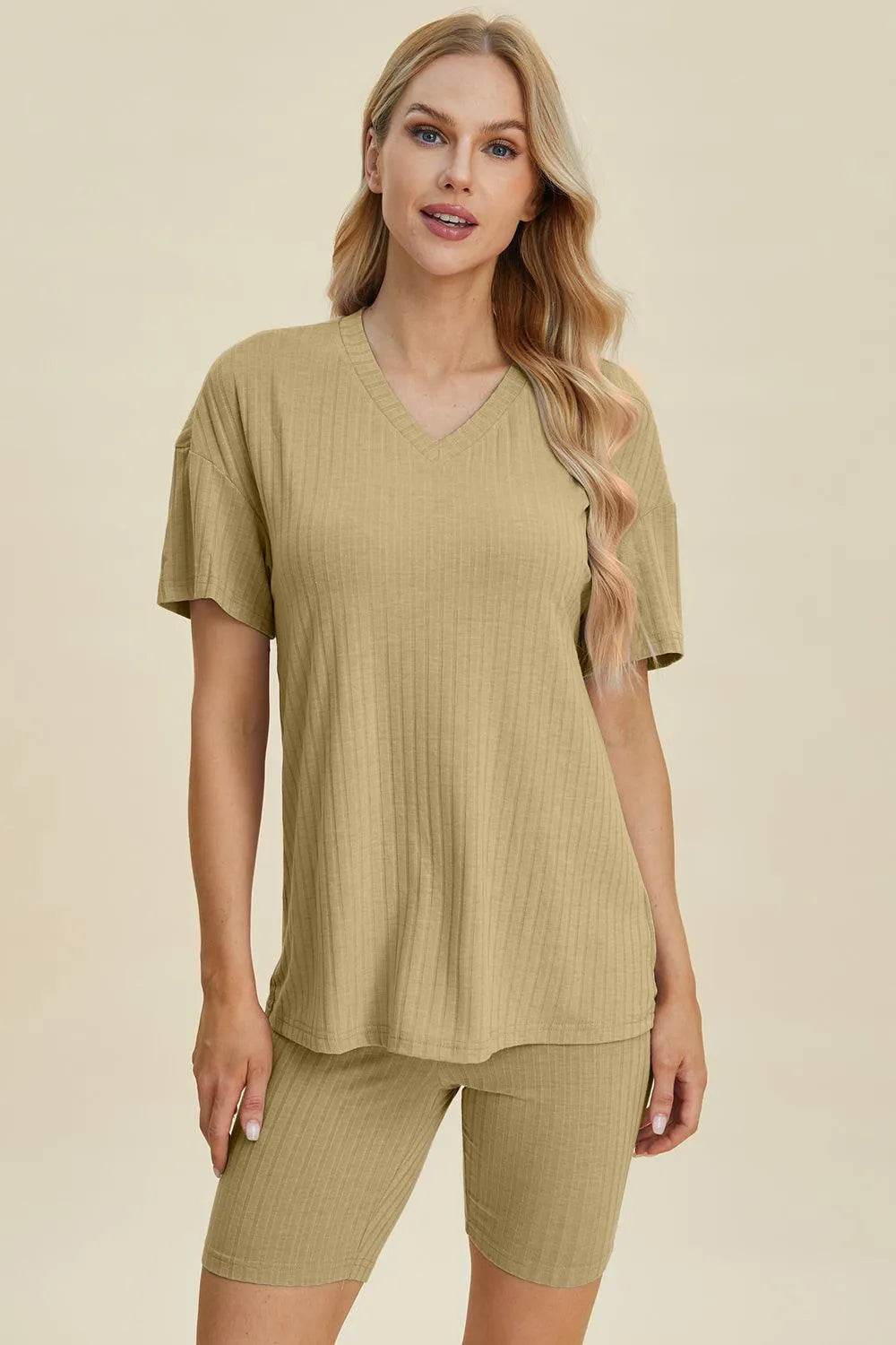 Basic Bae Full Size Ribbed V-Neck Set – Short Sleeve Top & Shorts Lounge Outfit - Bona Fide Fashion