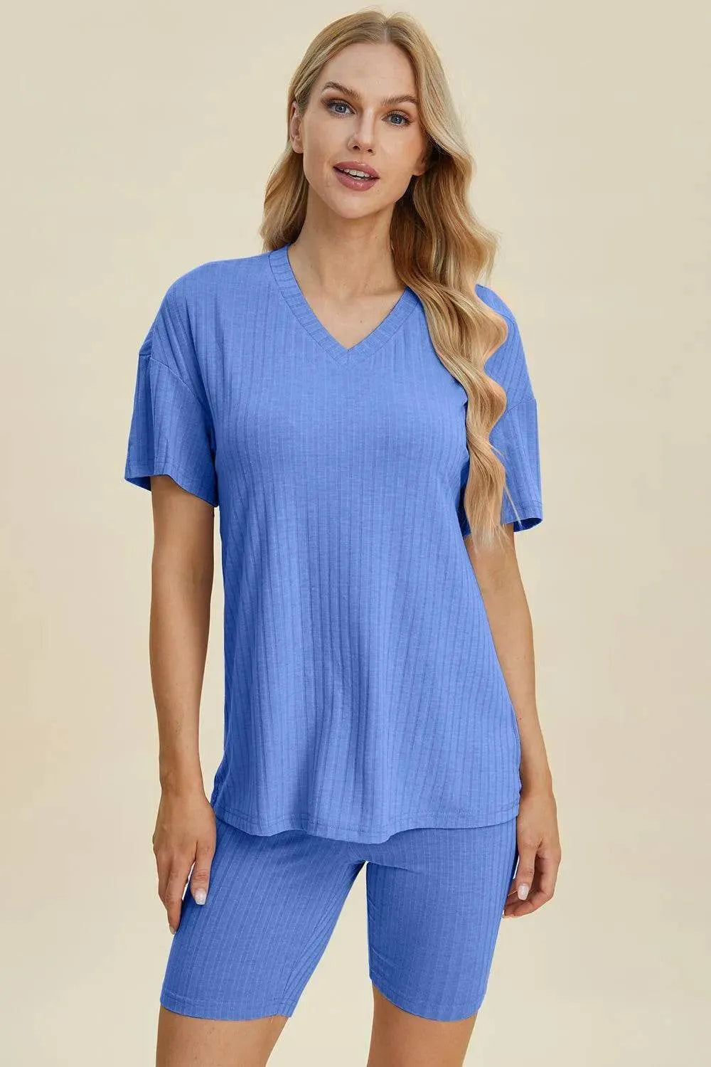 Basic Bae Full Size Ribbed V-Neck Set – Short Sleeve Top & Shorts Lounge Outfit - Bona Fide Fashion
