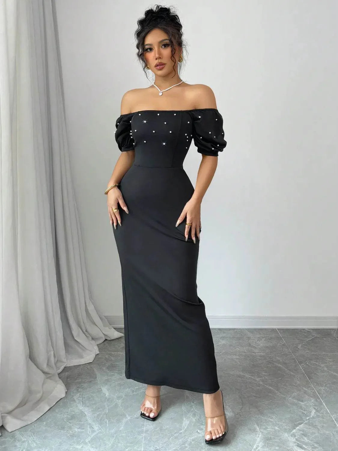 Off Shoulder Short Sleeve Maxi Dress - Bona Fide Fashion