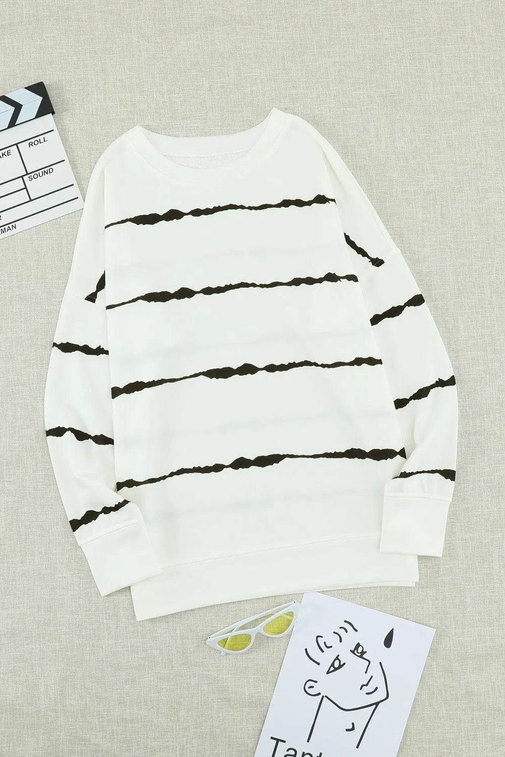 Slit Contrast Striped Round Neck Long Sleeve T-Shirt - Bona Fide Fashion