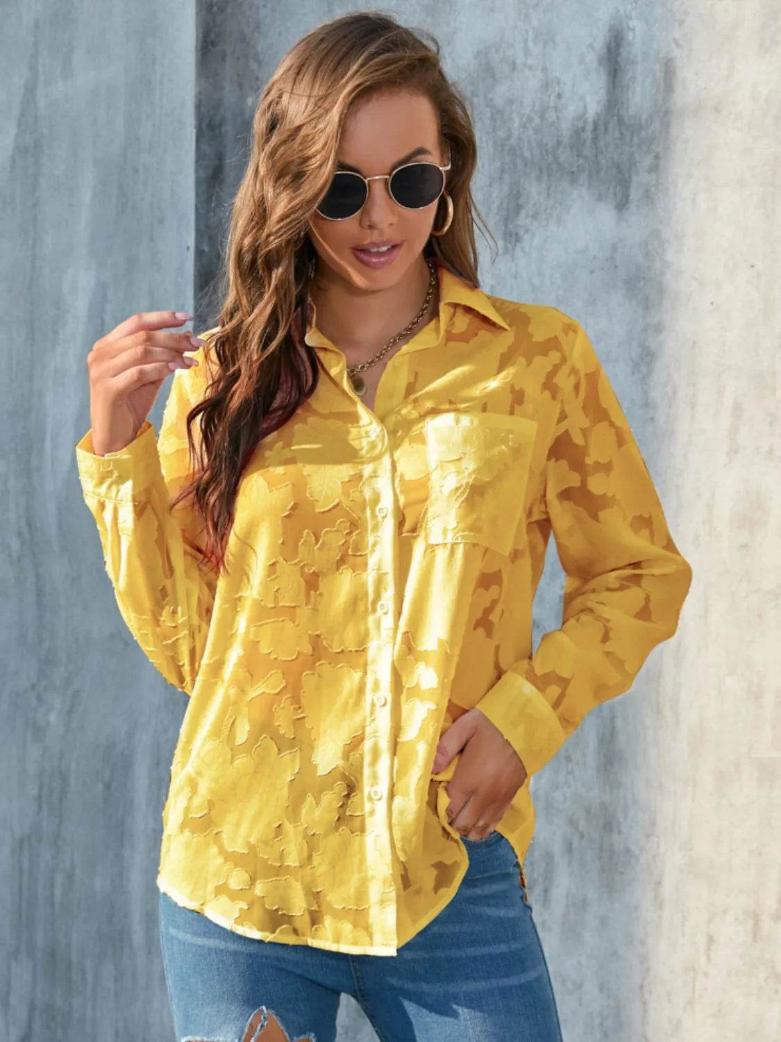 Full Size Collared Neck Long Sleeve Shirt Plus Size - Bona Fide Fashion