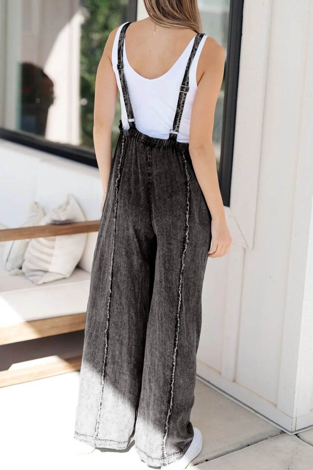 Frayed Exposed Seam Wide Leg Denim Overalls - Bona Fide Fashion