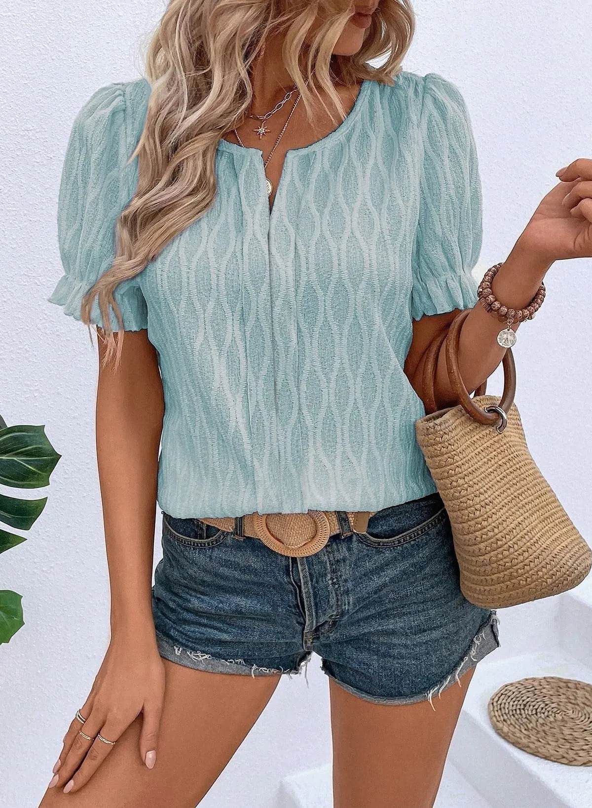 Texture Notched Short Sleeve Blouse - Bona Fide Fashion